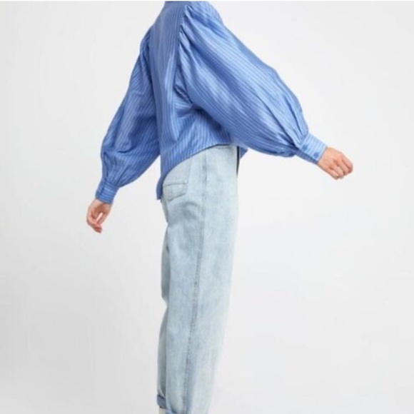 CAARA Anthropologie Maglie Blouse Top XL Blue Puff Sleeves 1/4 Buttons - Picture 9 of 14